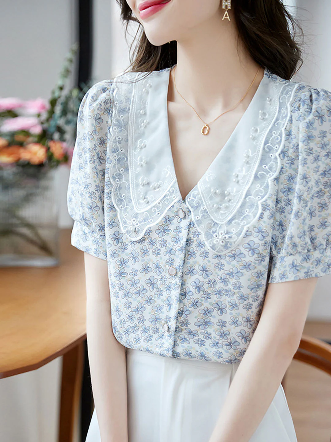Classic Floral Printed Beaded Chiffon Shirt -Blue