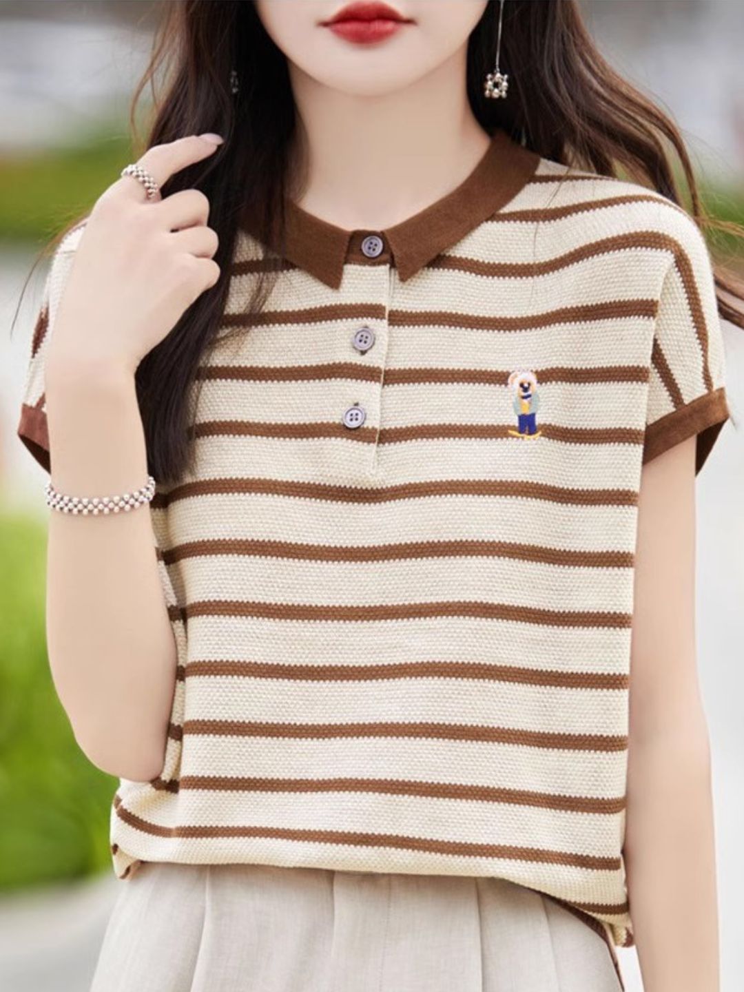 Contrast Stripe Polo Neck T-Shirt