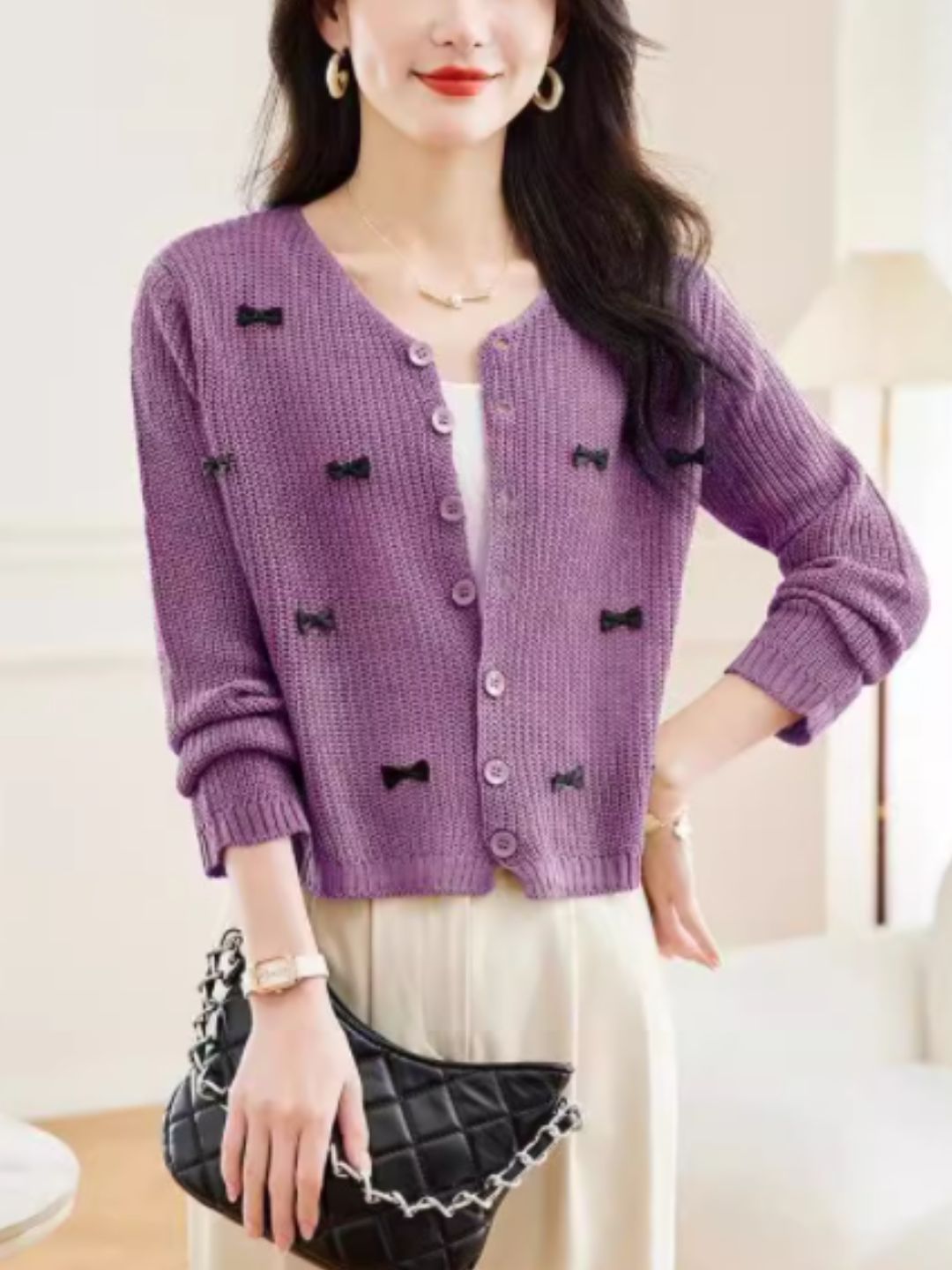 Classic Crew Neck Bow Knitted Top - Green