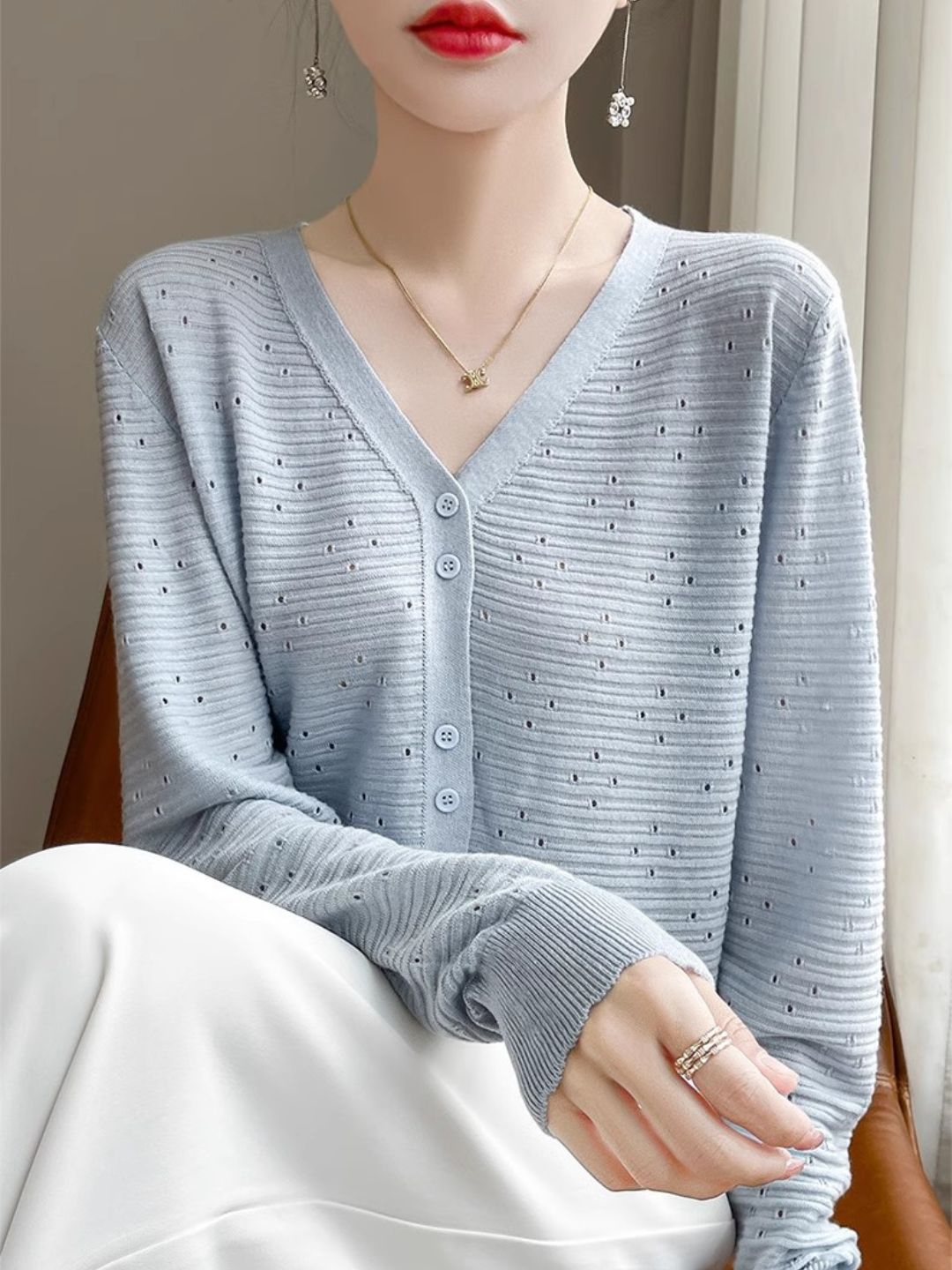 Long Sleeve V-Neck Top Hollow Knit Cardigan - Pink