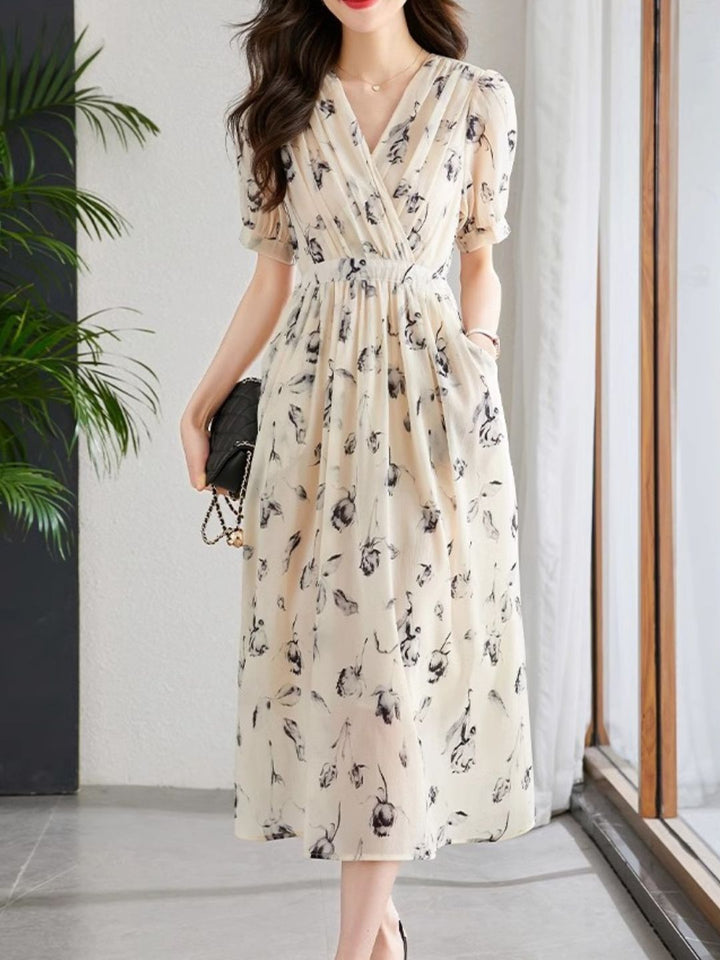 Temperament Short Sleeve Chiffon Dress - Black
