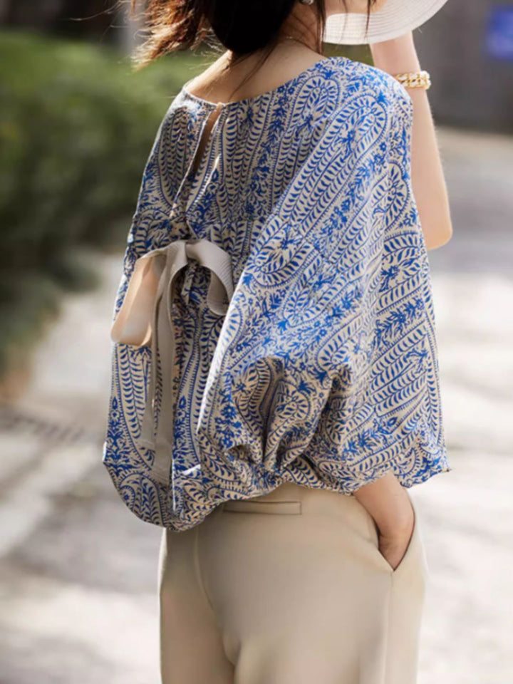 Casual Back Bow Printed Blouse
