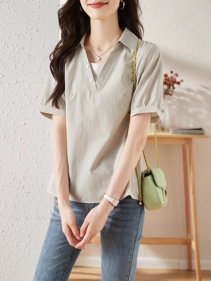 Striped Short-sleeved Lapel Shirt