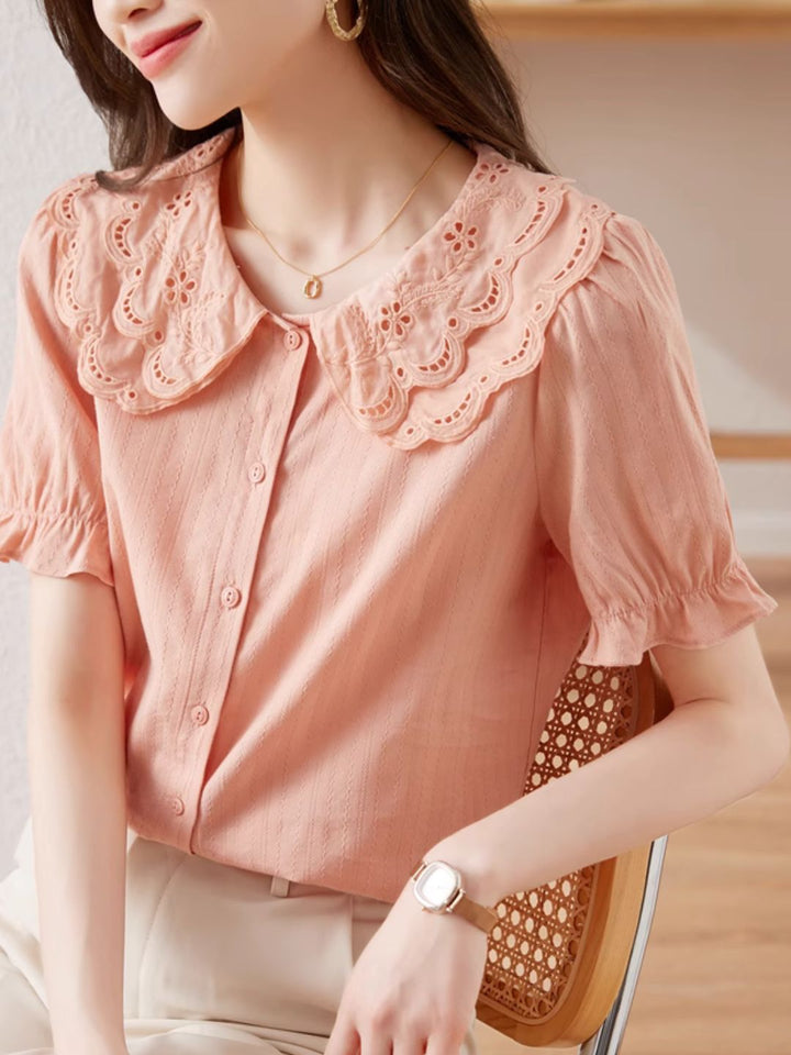 French Lace Double Collar Puff Sleeve Shirt - Pink