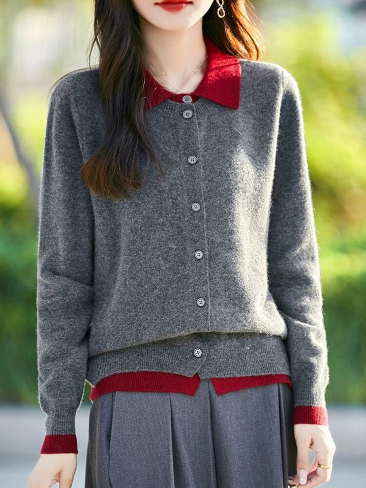 Casual Lapel Colorblock Knit Cardigan Set - Red
