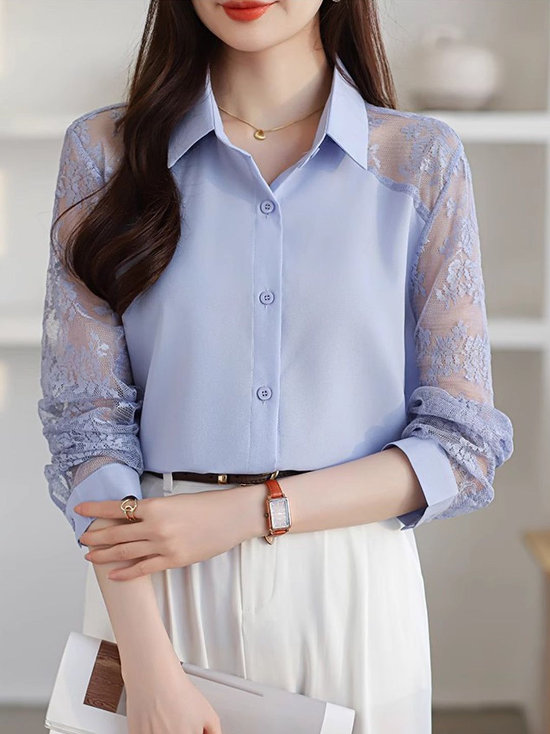 Lace Loose Lapel Chiffon Shirt - Red