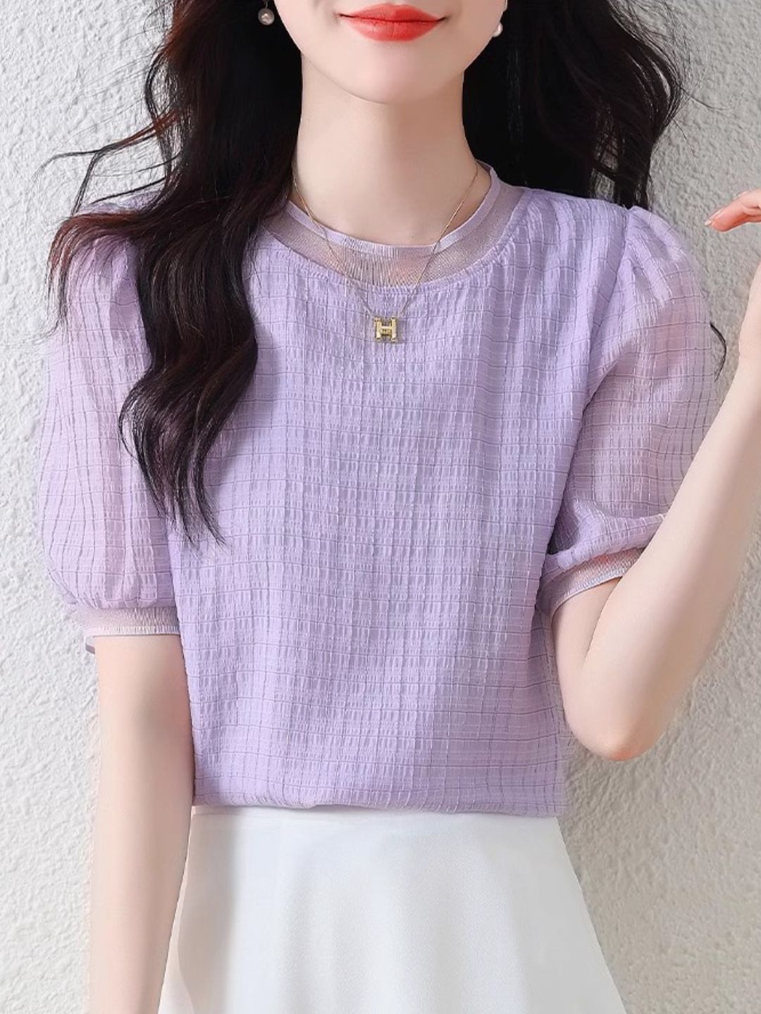 Round Neck Plaid Chiffon Shirt