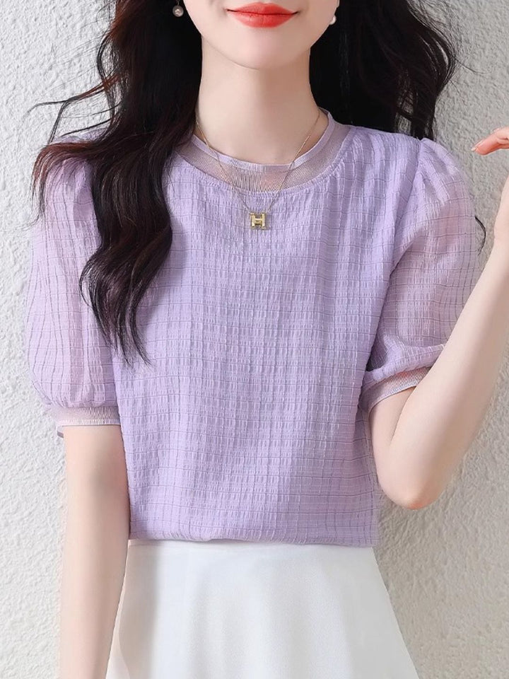 Round Neck Plaid Chiffon Shirt