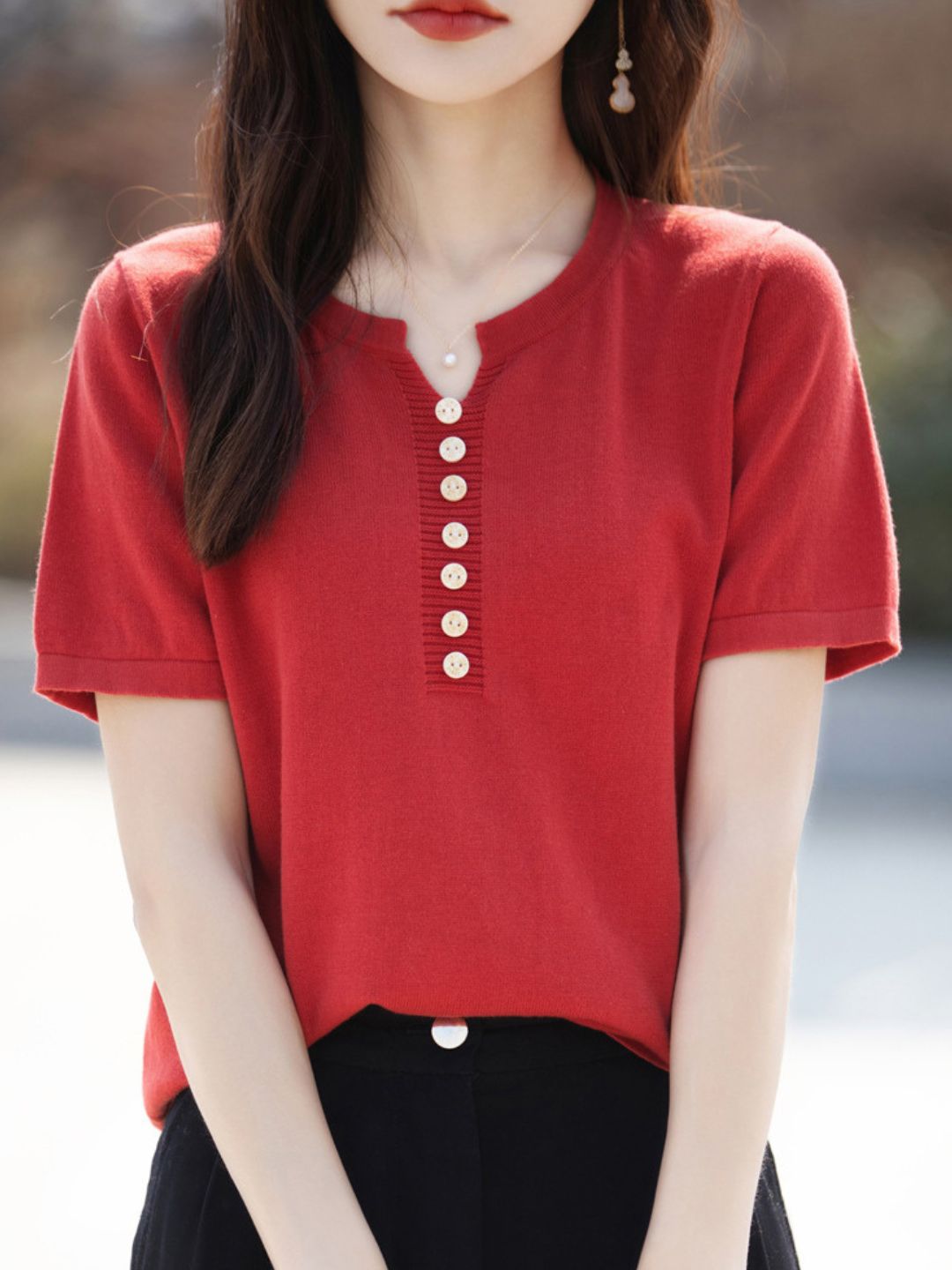 V-Neck Solid Color Loose Top - Pink