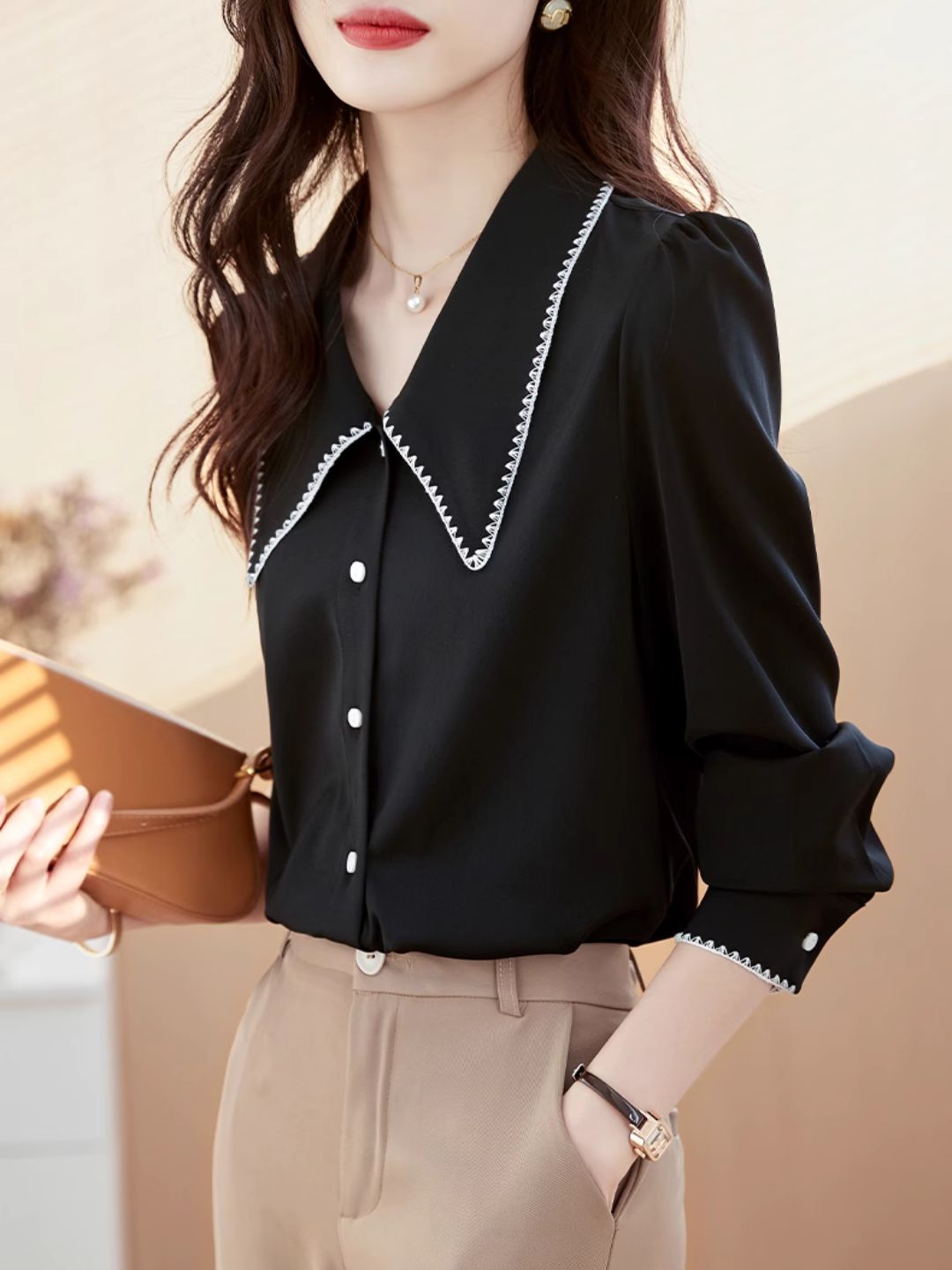 Lapel Chiffon Shirt - Black