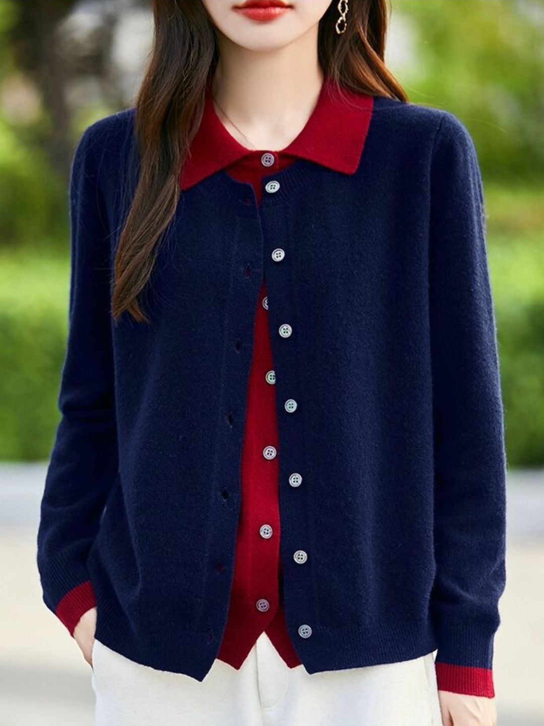 Casual Lapel Colorblock Knit Cardigan Set - Red