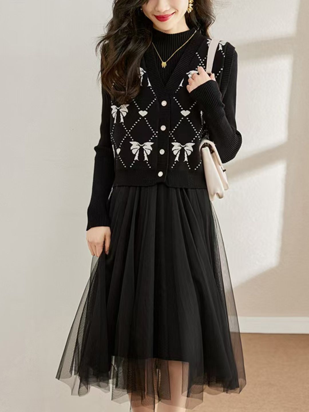 Fashion Knitted Two-piece Dress - Black