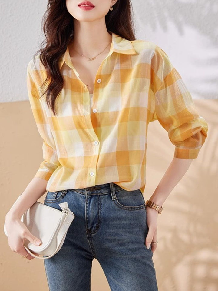 Plaid Chiffon Long Sleeve Shirt - Green