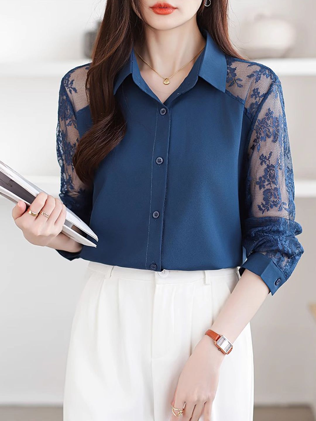 Lace Loose Lapel Chiffon Shirt - Red