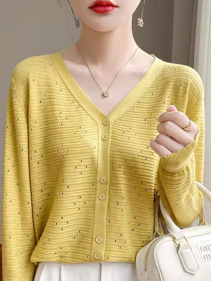 Long Sleeve V-Neck Top Hollow Knit Cardigan - Pink