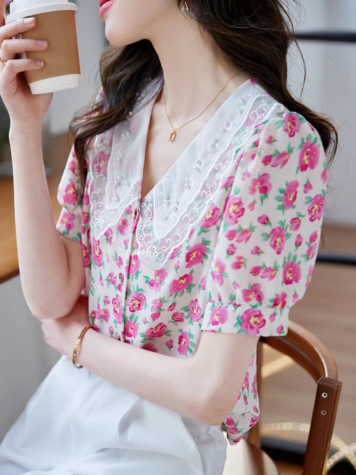 Classic Floral Printed Beaded Chiffon Shirt -Blue