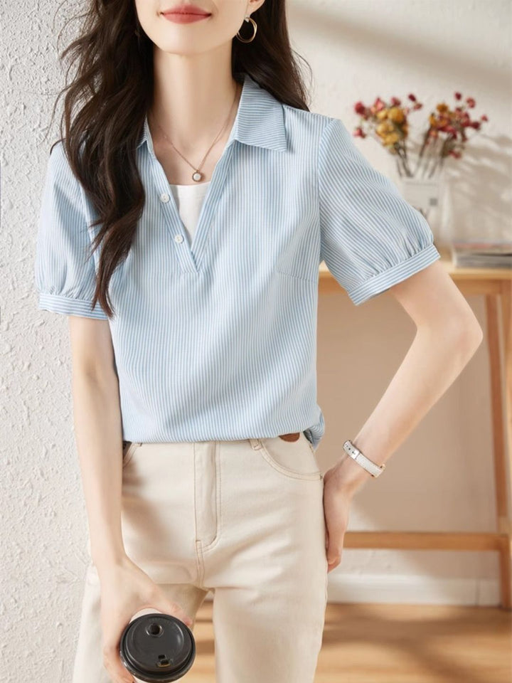 Striped Short-sleeved Lapel Shirt