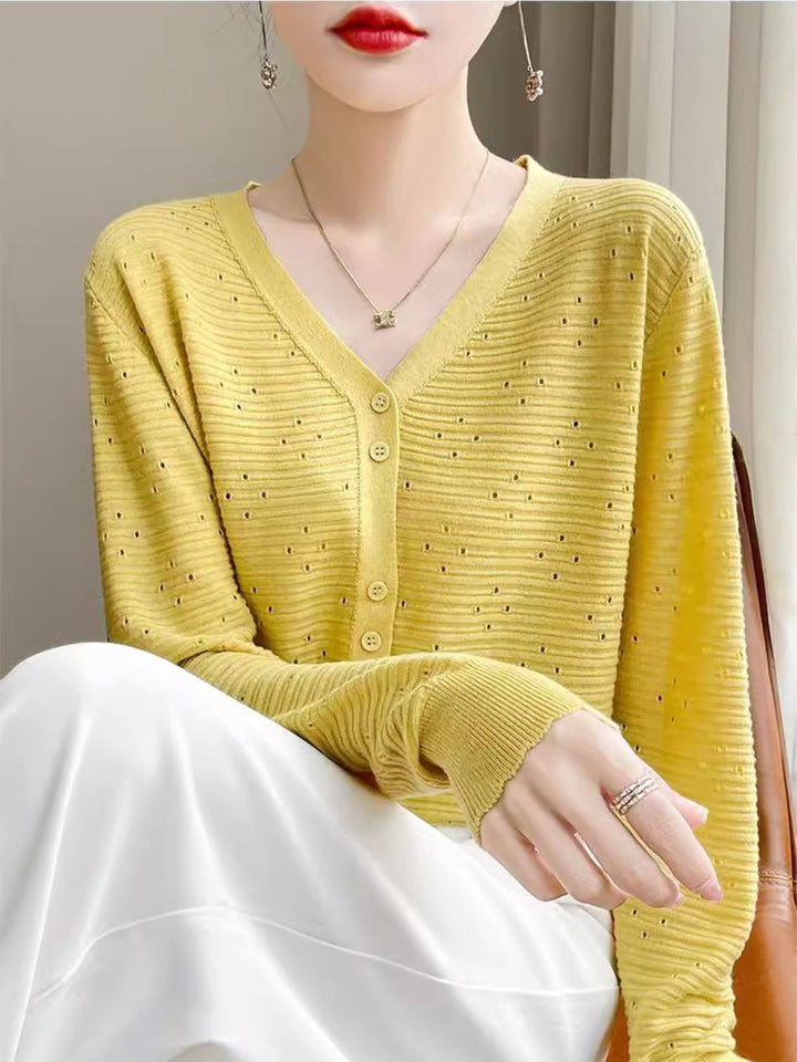 Long Sleeve V-Neck Top Hollow Knit Cardigan - Pink