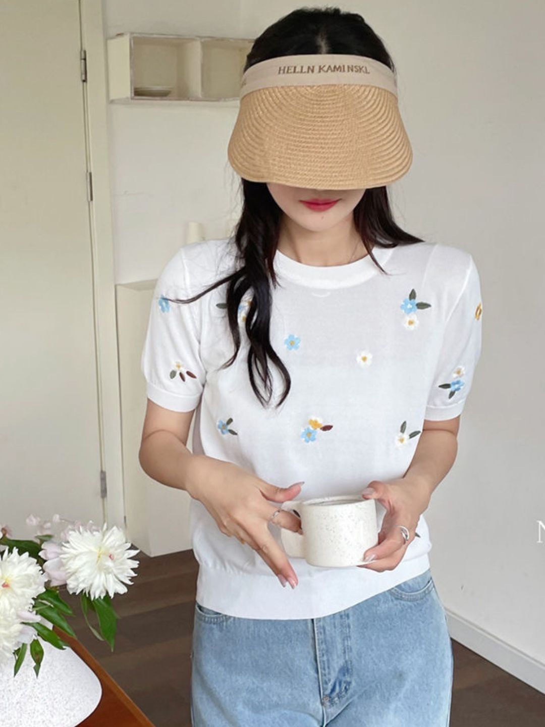 Crew Neck Embroidered Knitted Short Sleeves - Pink
