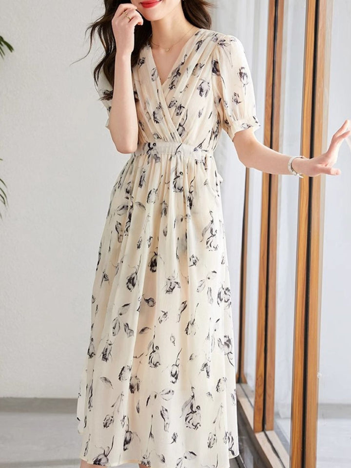 Temperament Short Sleeve Chiffon Dress - Black