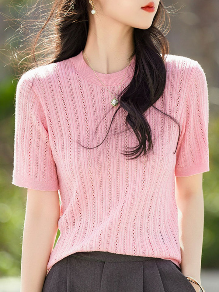 Solid Color Round Neck Thin Knitted Top