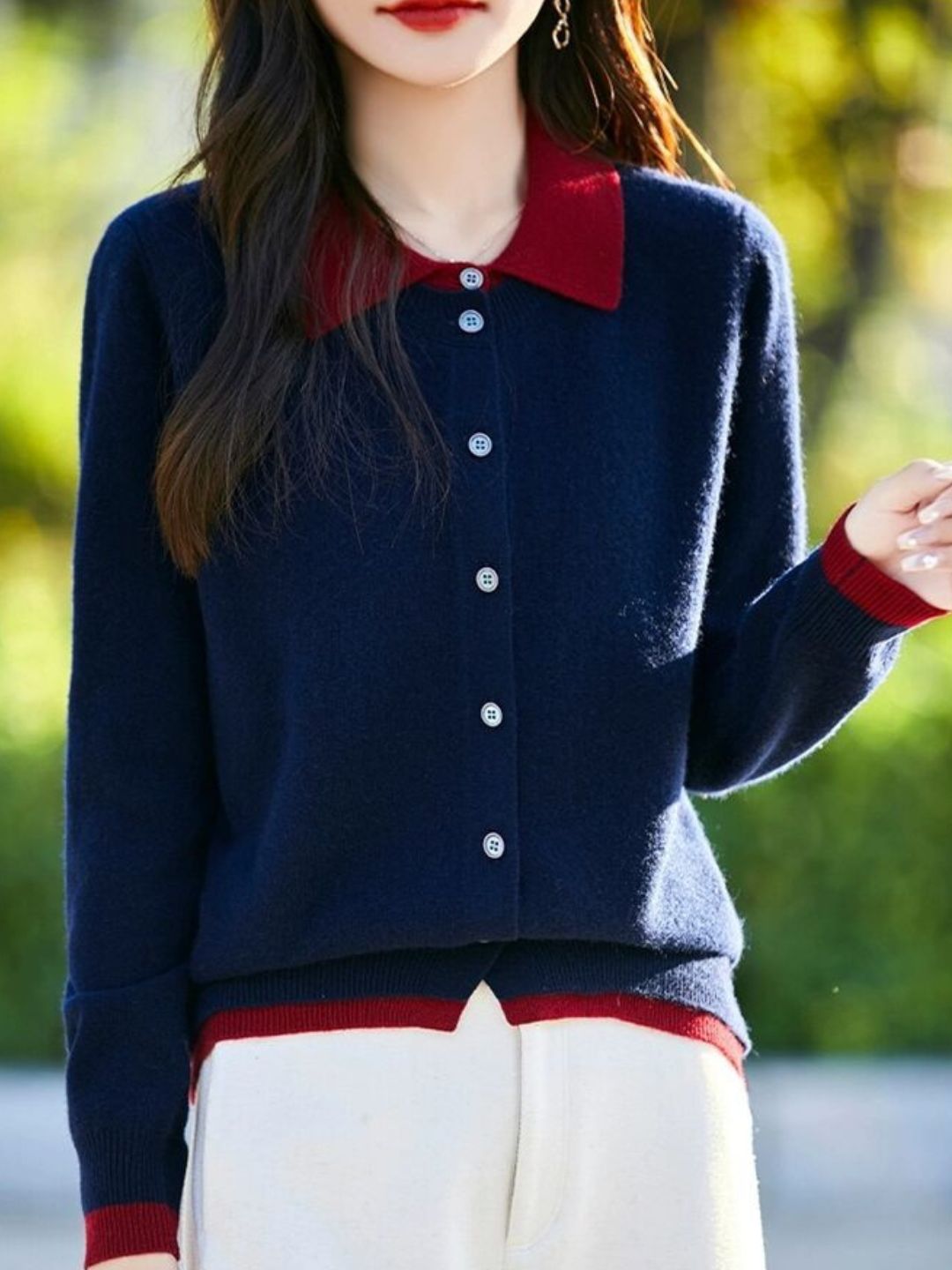 Casual Lapel Colorblock Knit Cardigan Set - Red