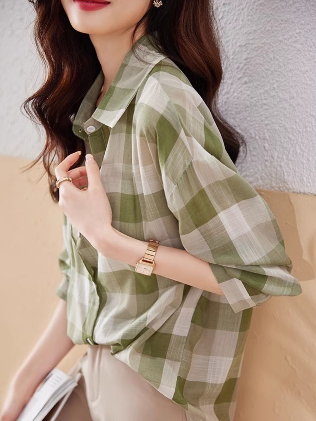 Plaid Chiffon Long Sleeve Shirt - Green