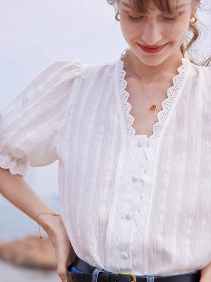 Lace V-neck Short-sleeved Shirt-Black
