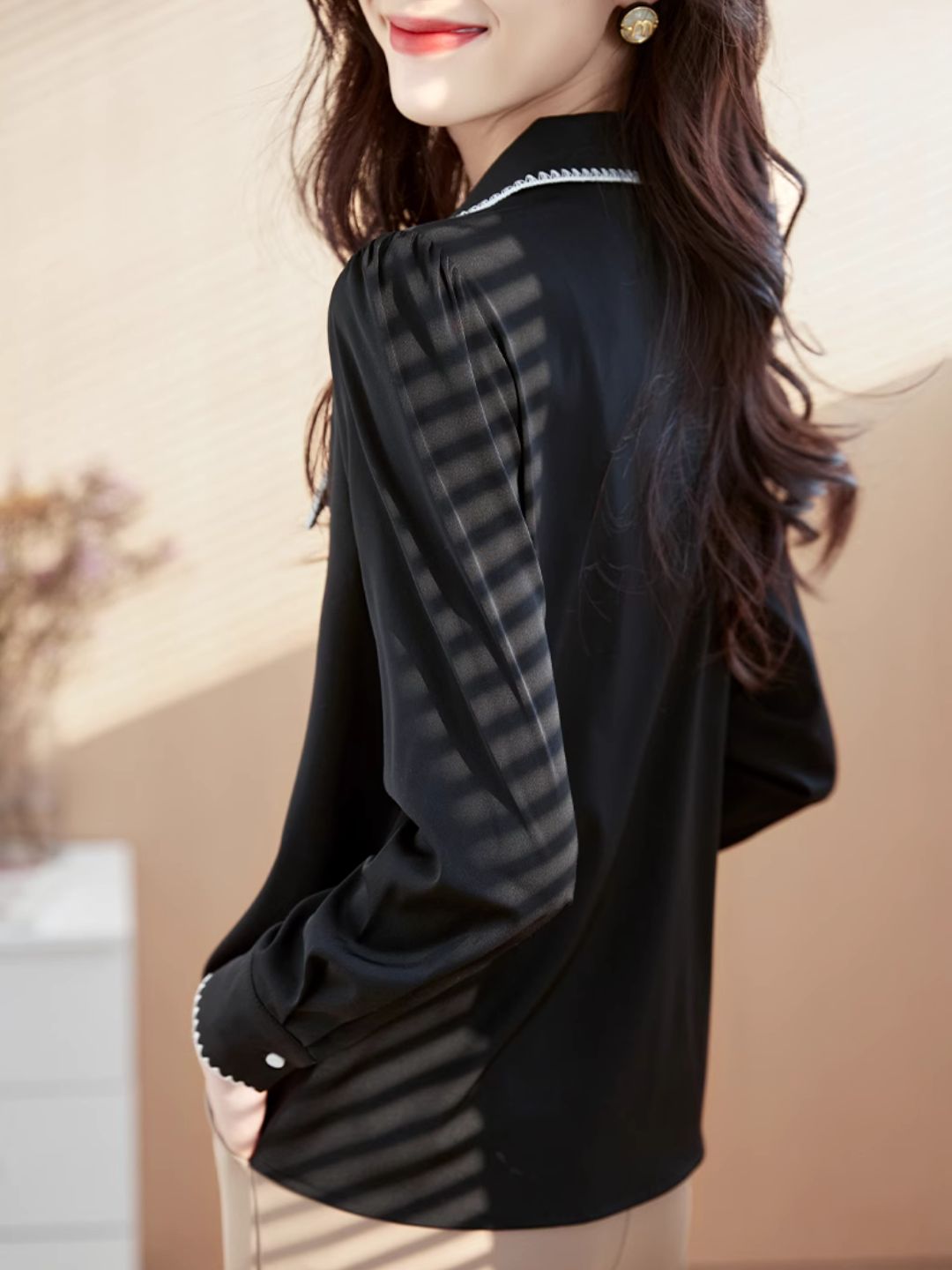 Lapel Chiffon Shirt - Black
