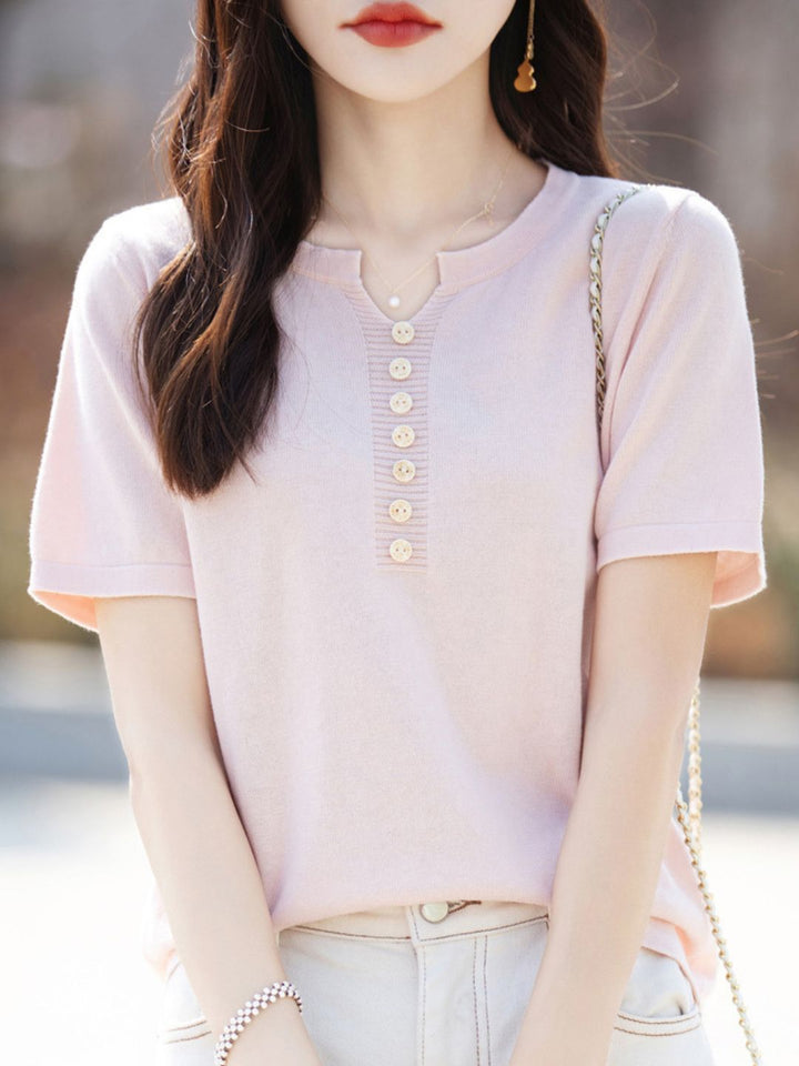 V-Neck Solid Color Loose Top - Pink