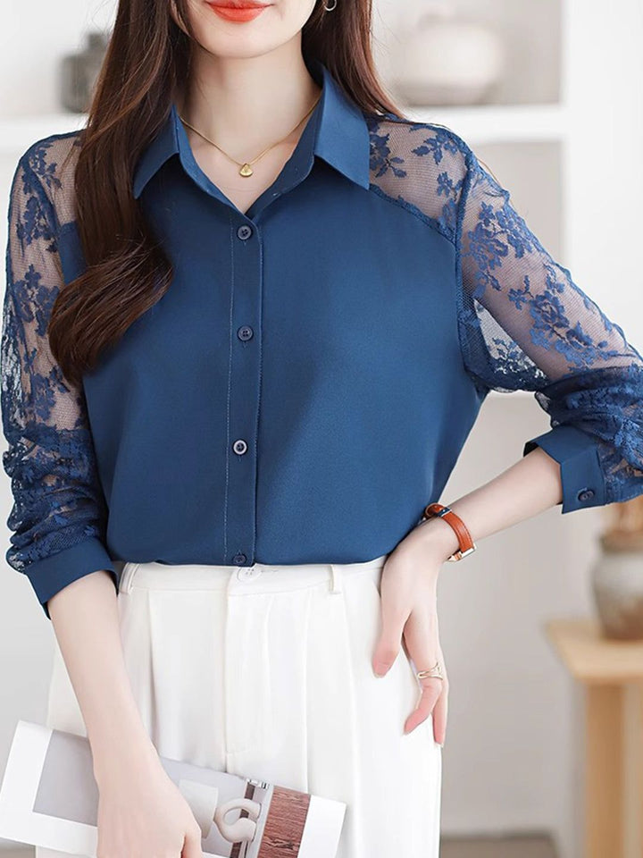 Lace Loose Lapel Chiffon Shirt - Red
