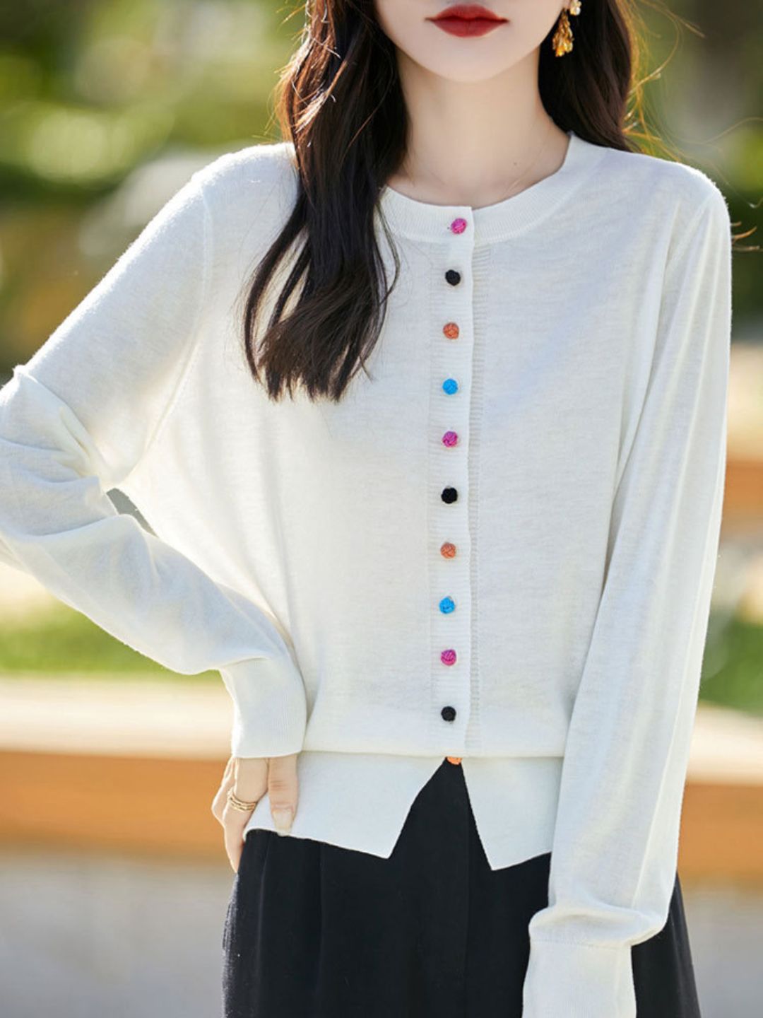 Classic Crew Neck Knit Cardigan -Grey