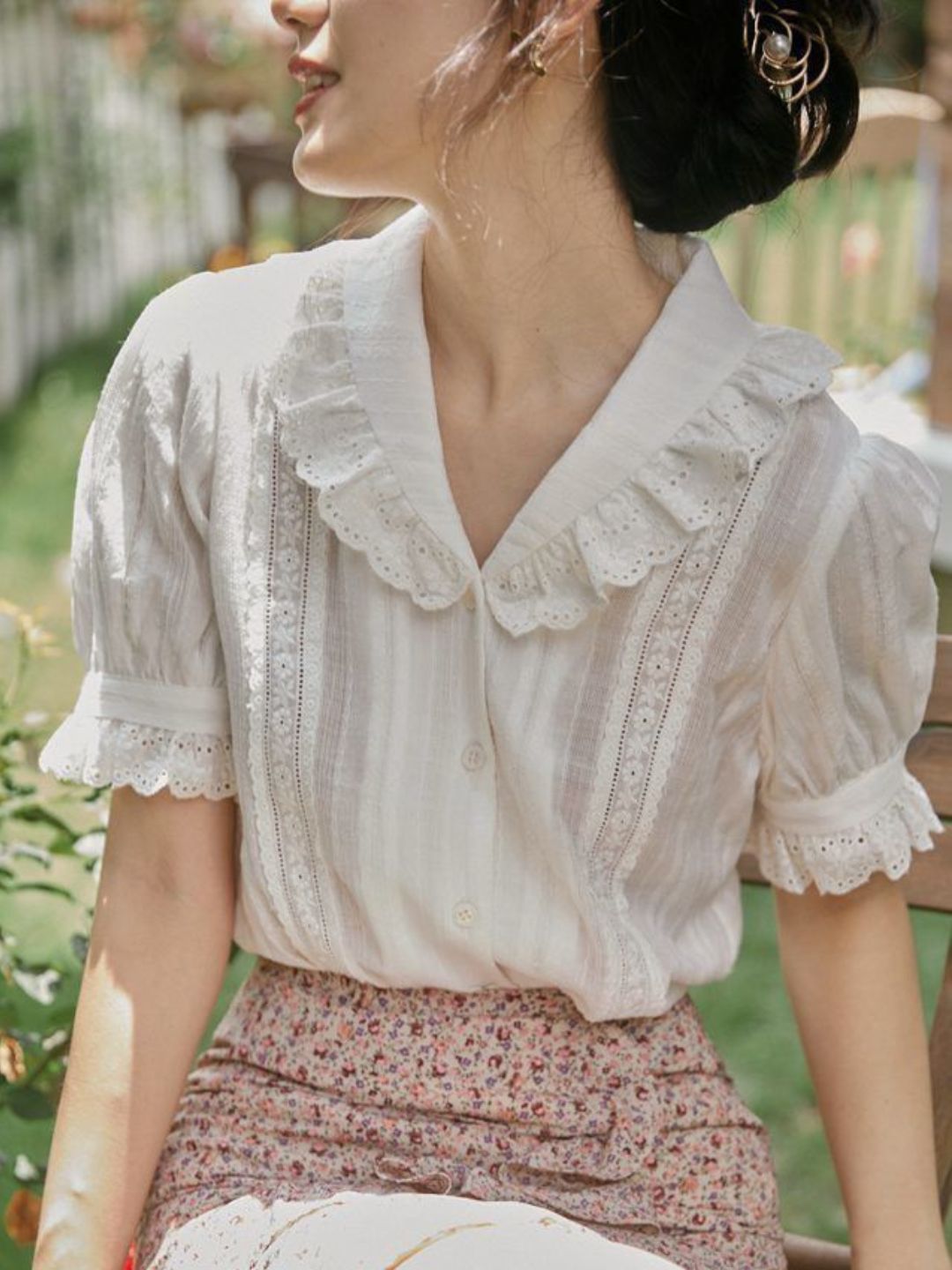 Lace Lapel Short Sleeve Shirt - Purple