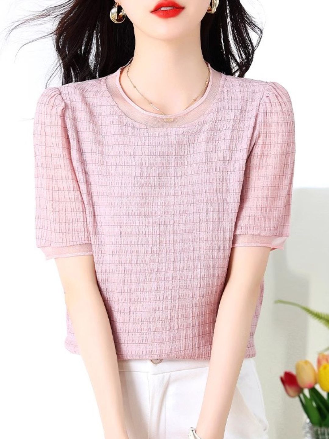 Round Neck Plaid Chiffon Shirt