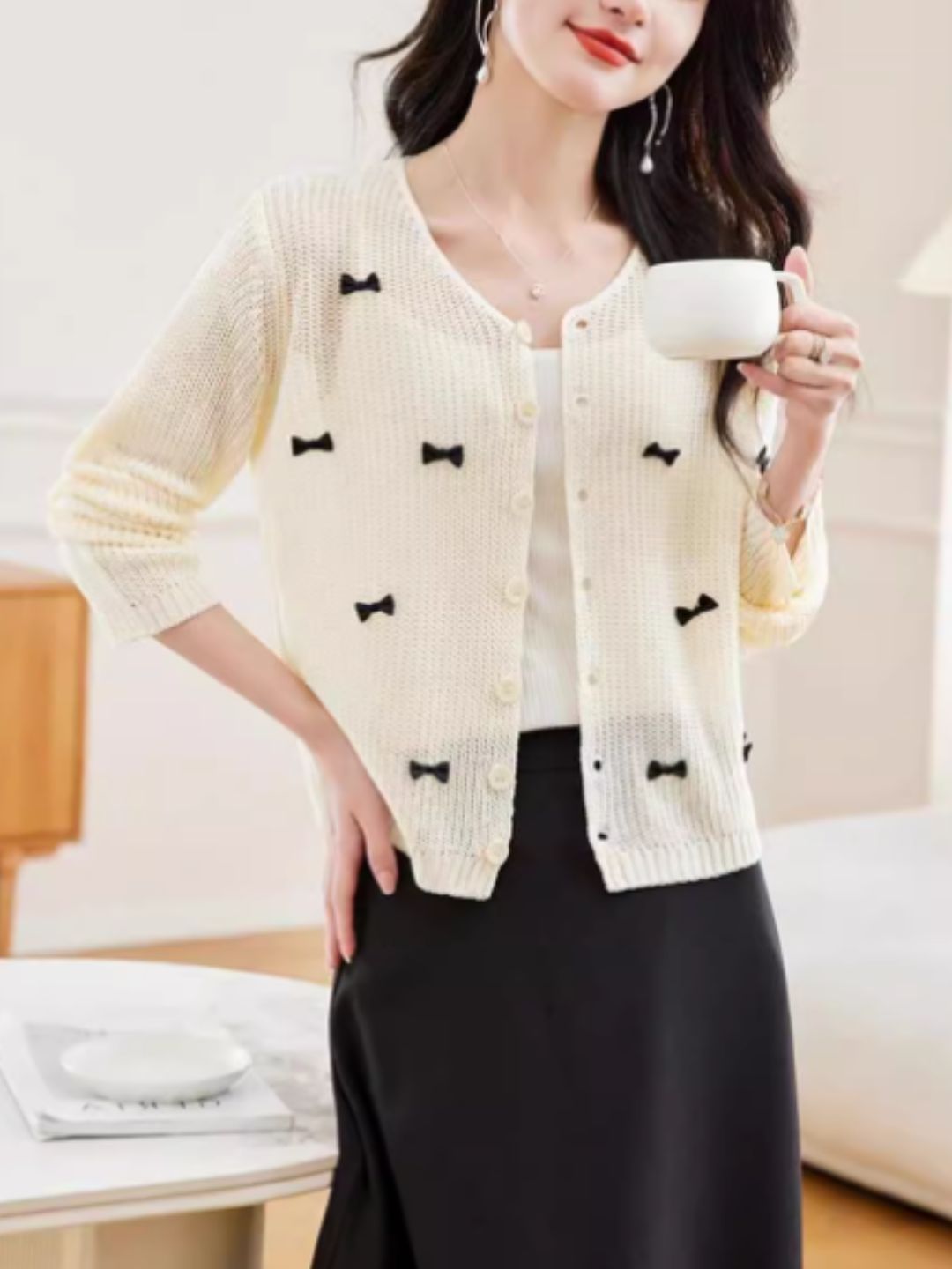 Classic Crew Neck Bow Knitted Top - Green