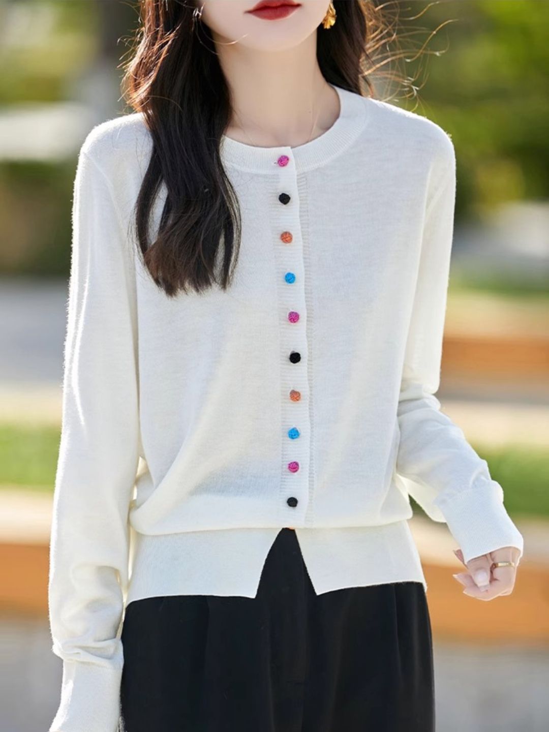 Classic Crew Neck Knit Cardigan -Grey