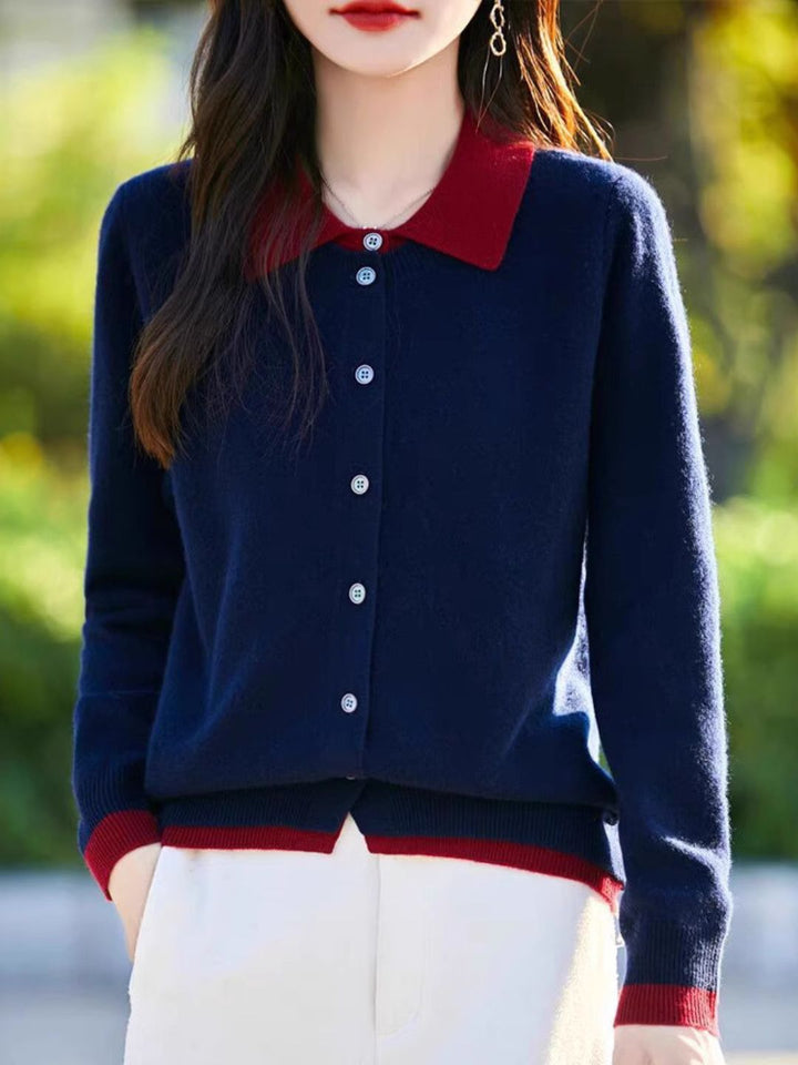 Casual Lapel Colorblock Knit Cardigan Set - Red