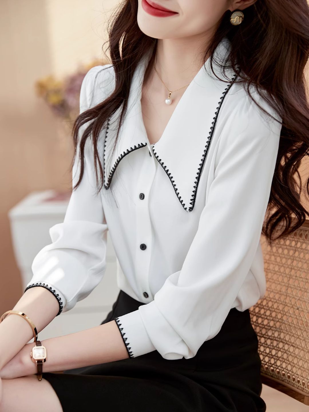 Lapel Chiffon Shirt - Black