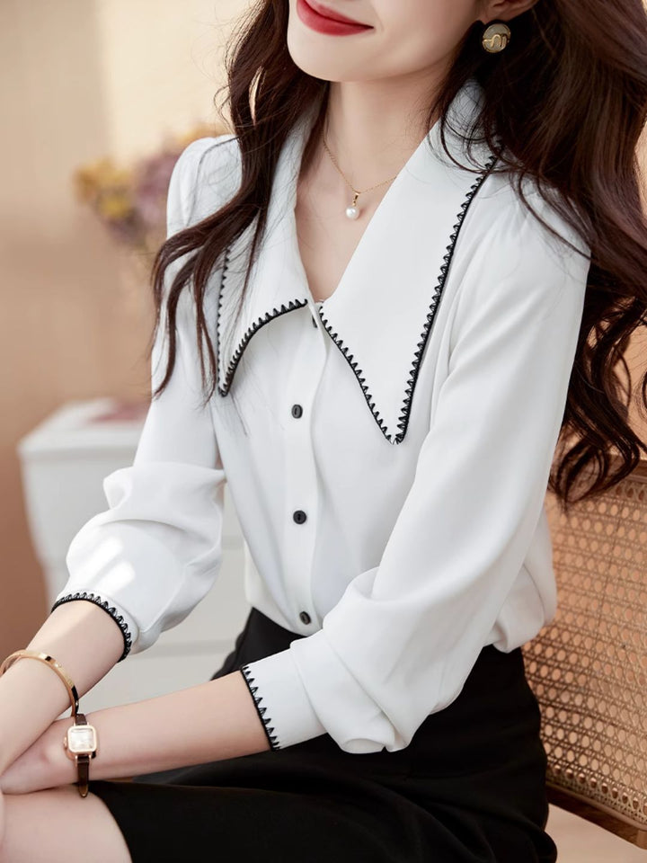 Lapel Chiffon Shirt - Black