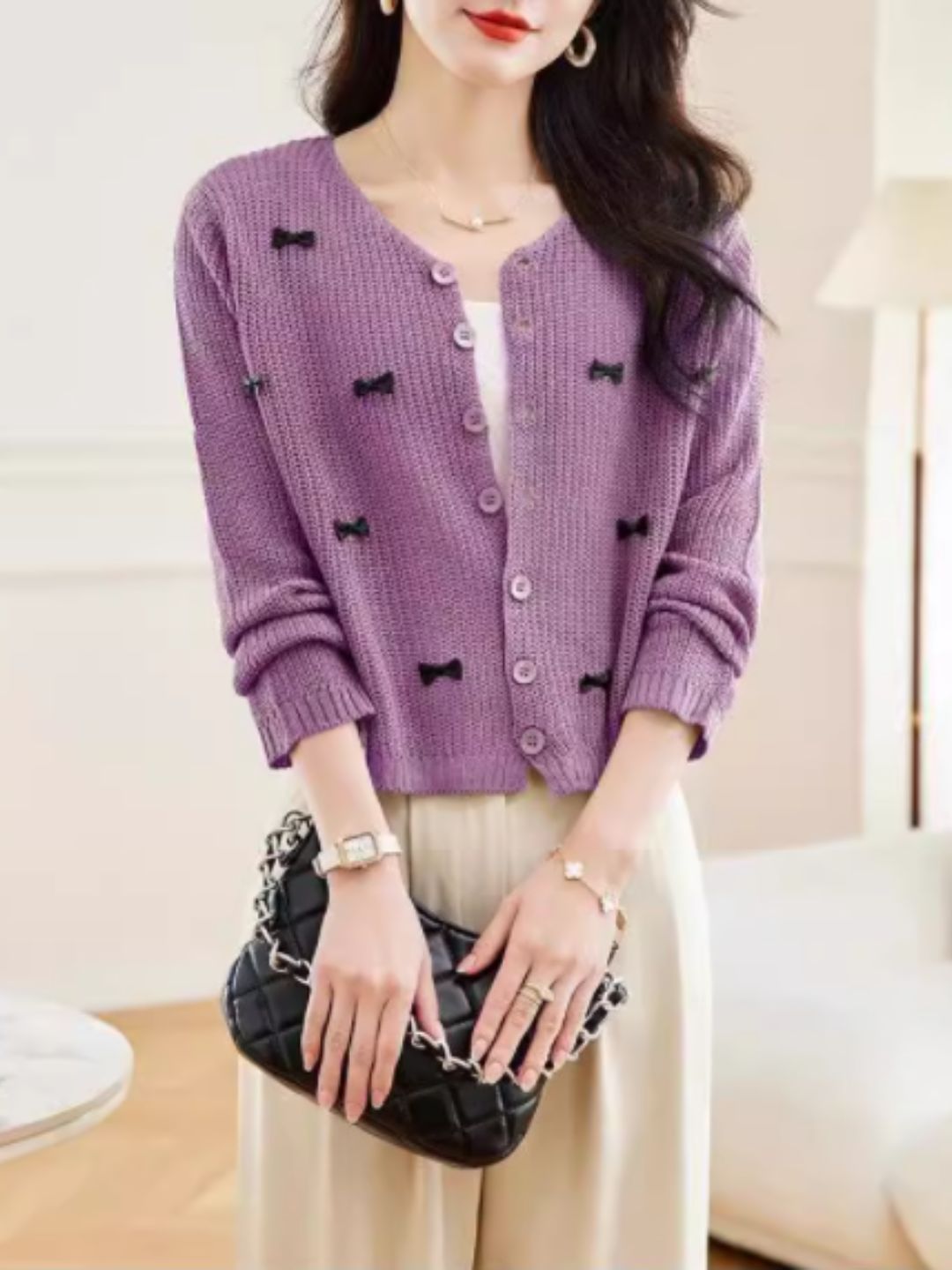 Classic Crew Neck Bow Knitted Top - Green