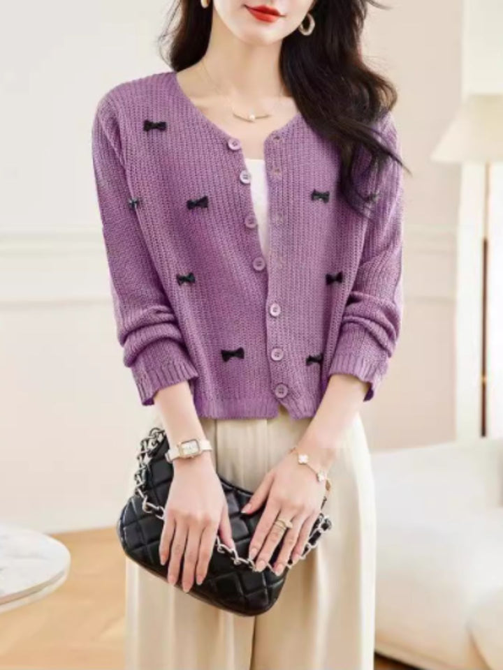 Classic Crew Neck Bow Knitted Top - Green