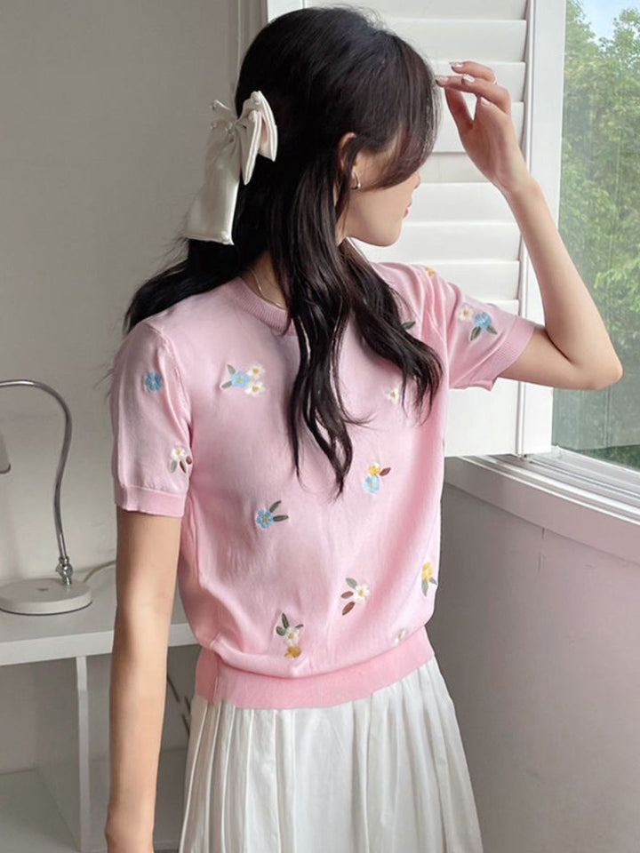 Crew Neck Embroidered Knitted Short Sleeves