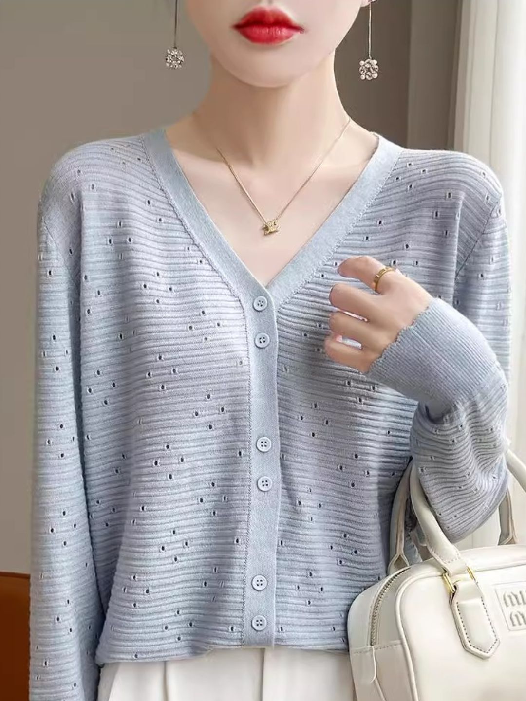 Long Sleeve V-Neck Top Hollow Knit Cardigan - Pink