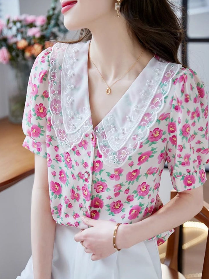 Classic Floral Printed Beaded Chiffon Shirt -Blue