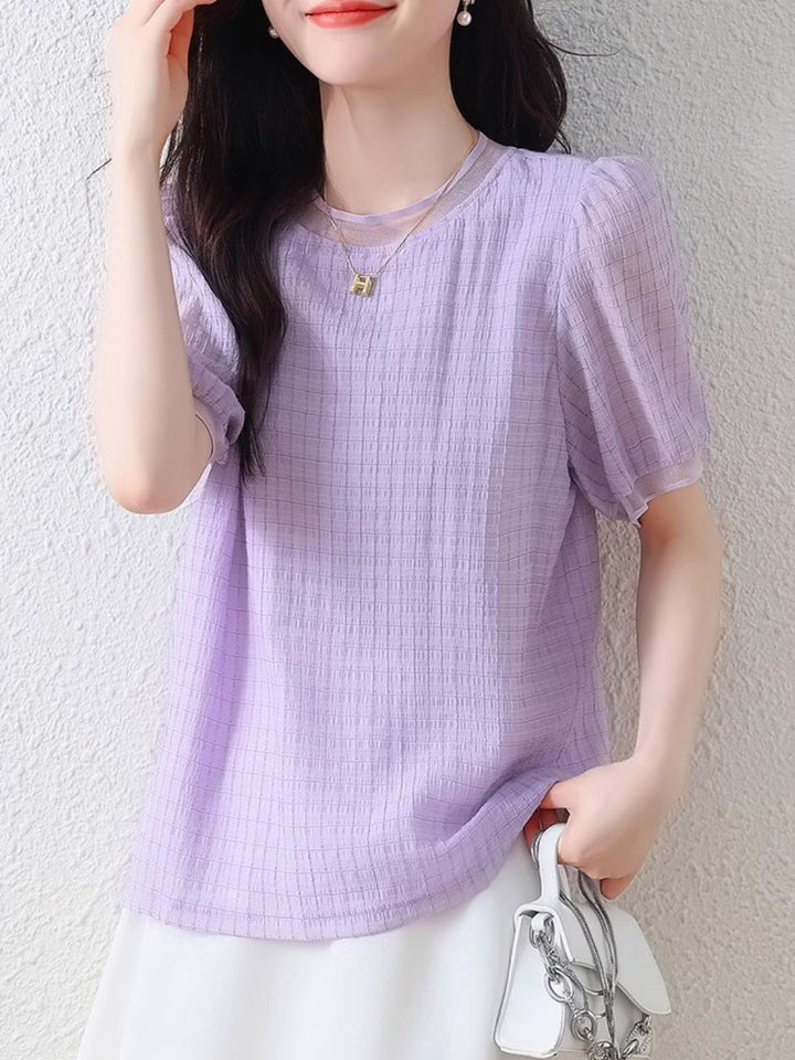 Round Neck Plaid Chiffon Shirt