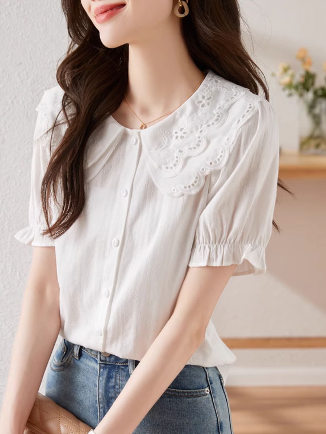 French Lace Double Collar Puff Sleeve Shirt - Pink