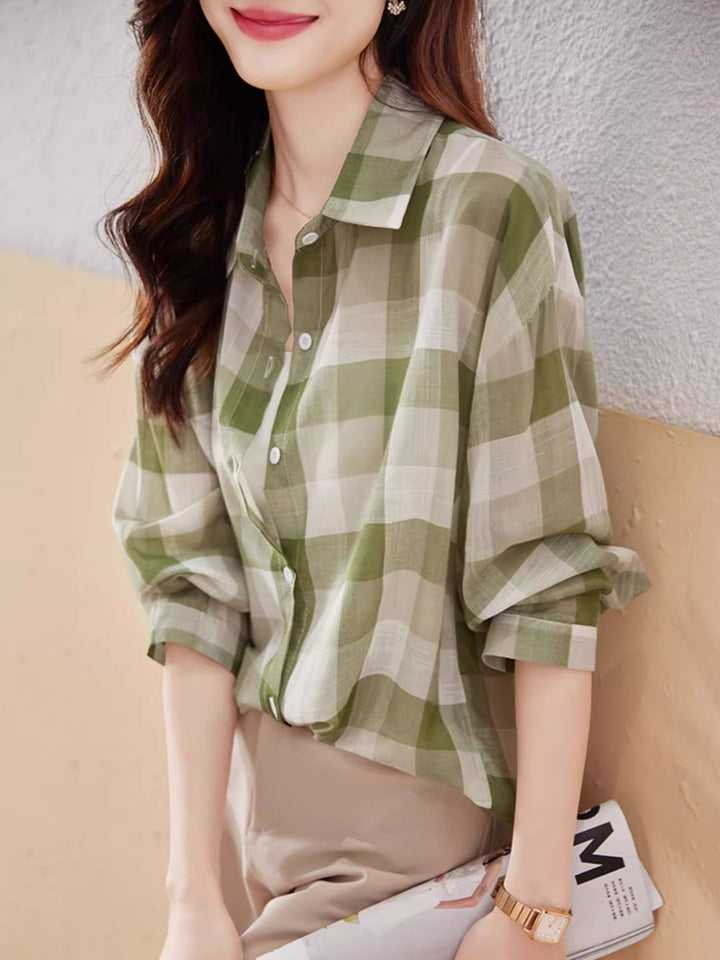 Plaid Chiffon Long Sleeve Shirt - Green