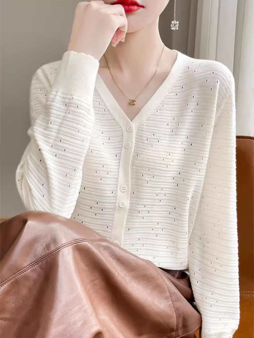 Long Sleeve V-Neck Top Hollow Knit Cardigan - Pink