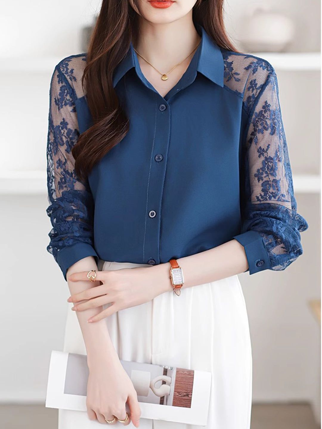 Lace Loose Lapel Chiffon Shirt - Red