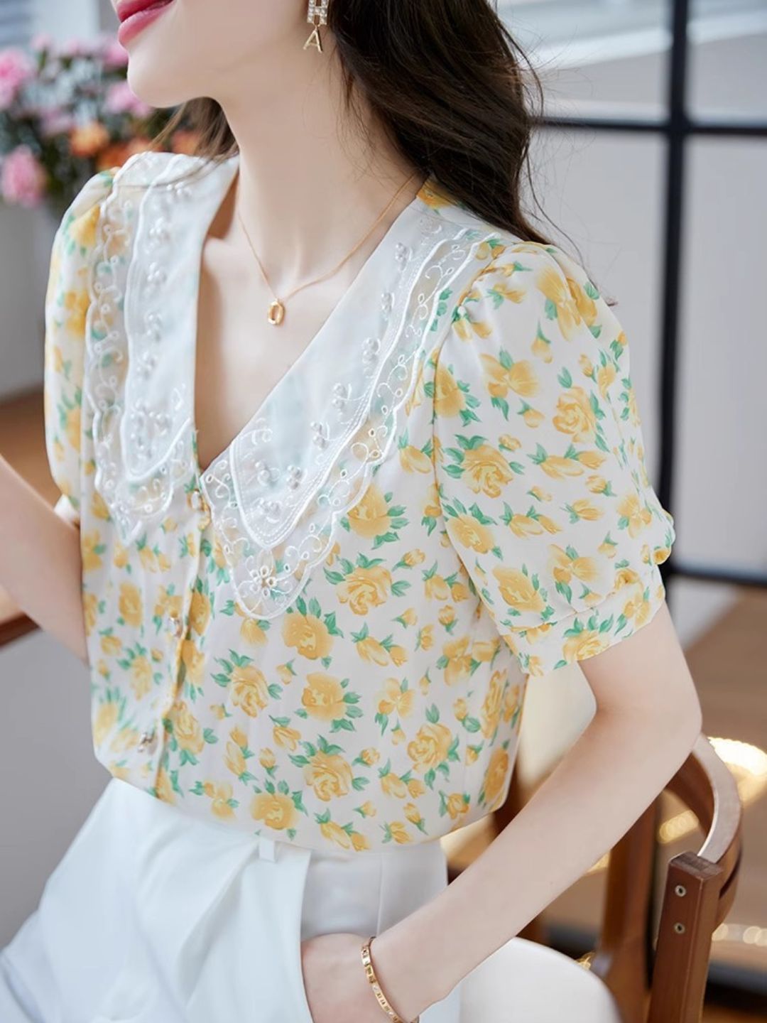 Classic Floral Printed Beaded Chiffon Shirt -Blue